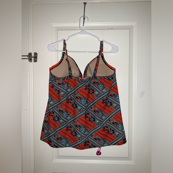 Cacique Swimwear Orange and Blue Paisley Print Front Cutout Tankini Top - Picture 4 of 6
